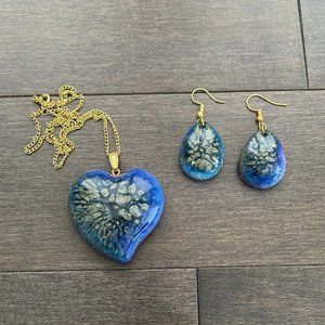 Handmade Heart Pendant Necklace & Tear Drop Earrings, Gold Blue Custom Jewellery